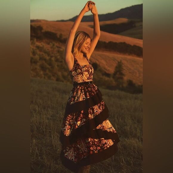 By Anthropologie Square-Neck Tiered Midi Dress size Small - Picture 6 of 10